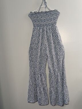 Smocked Blue Floral Wide-Leg Jumpsuit